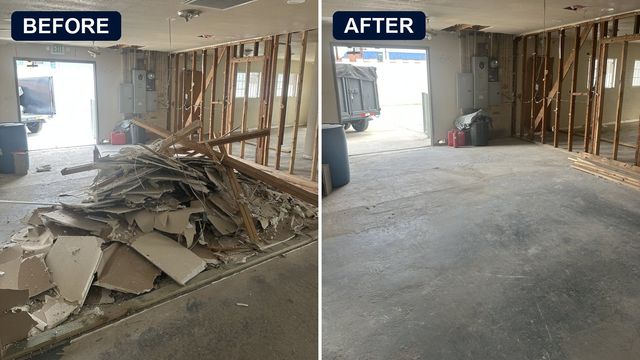 Before and after: renovation debris piled inside a gutted Van Nuys unit, then hauled out and the floor cleared