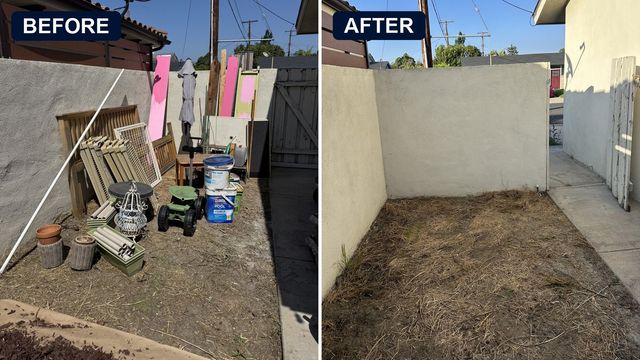 Before and after: a Downey backyard stacked with old furniture, planters and clutter, then cleared down to the dirt